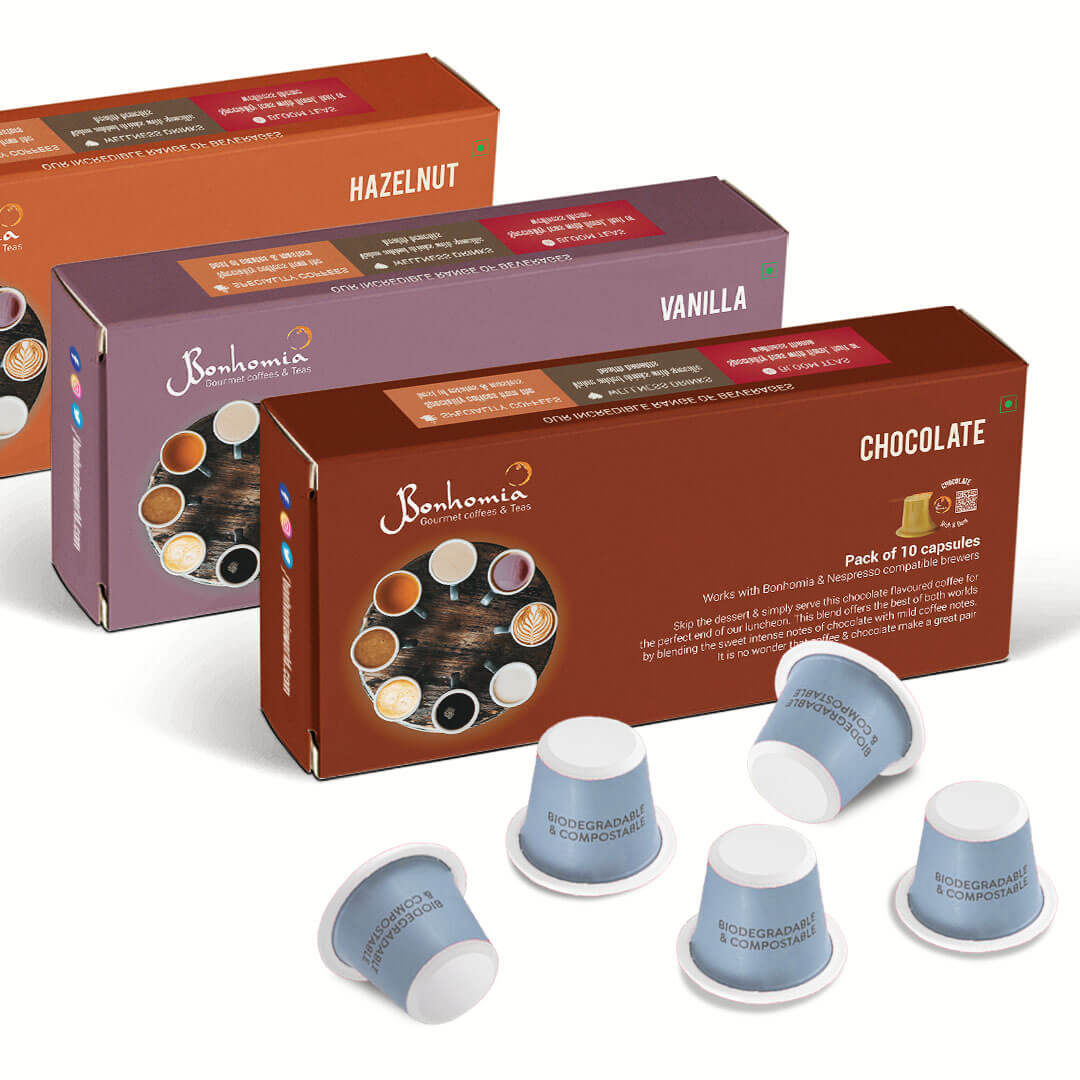 Flavored Coffee Combo - Hazelnut, Vanilla, & Chocolate (30-count)| Nespresso Compatible Biodegradable Capsule | AAA Grade Beans