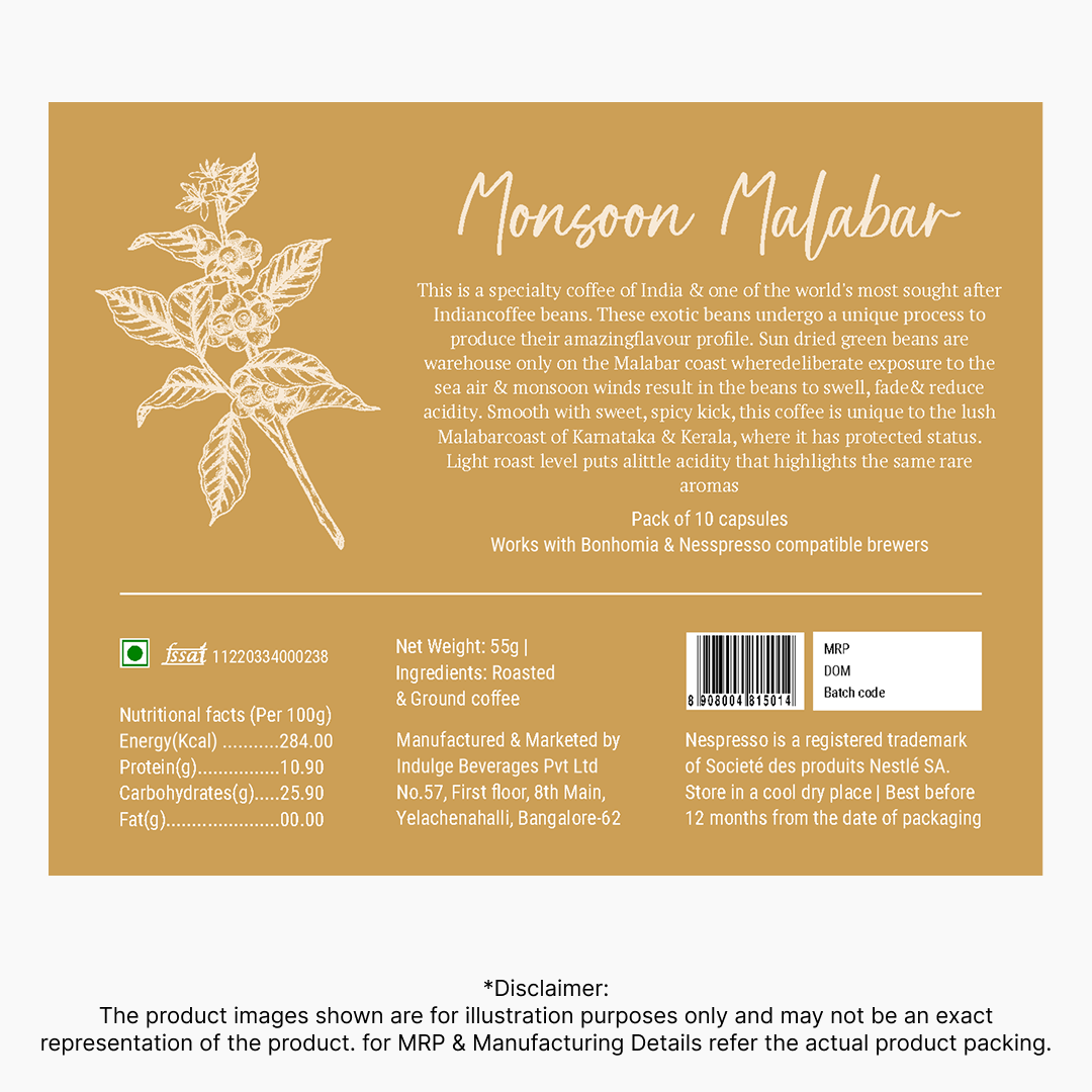 Monsoon Malabar Espresso Pods - Intensity 6/10 | Nespresso Compatible | Light/Cinnamon Roast | AA+ Grade Beans | Premium Aluminum Capsules