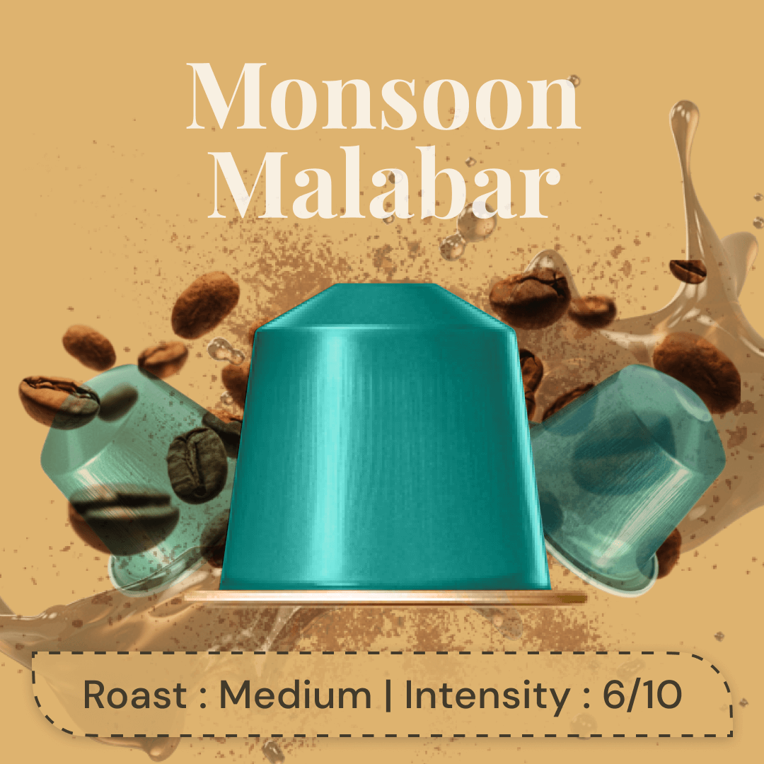Monsoon Malabar Espresso Pods - Intensity 6/10 | Nespresso Compatible | Light/Cinnamon Roast | AA+ Grade Beans | Premium Aluminum Capsules