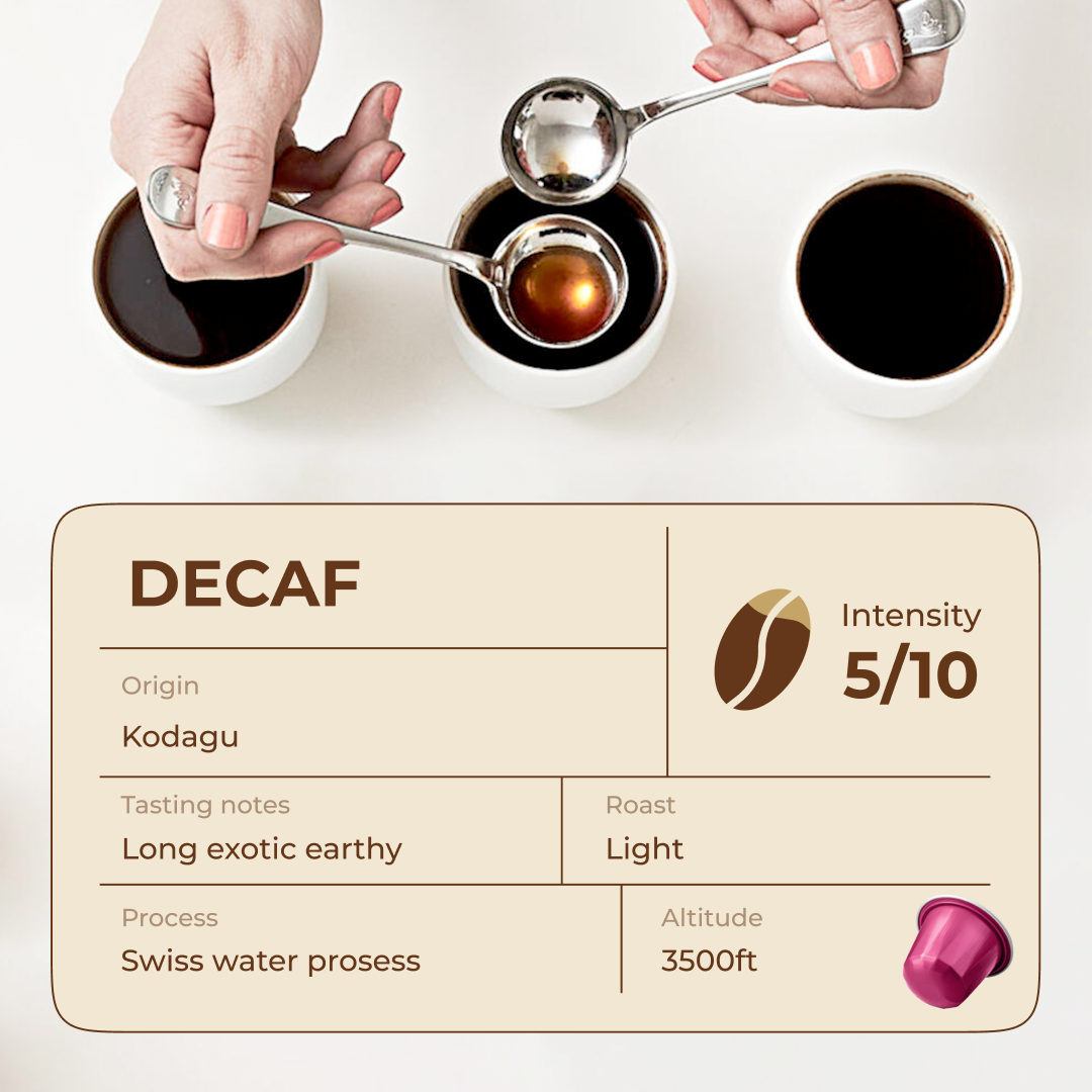 Decaf Espresso Pods - Intensity 5/10 | Nespresso Compatible | Medium Dark / Full City Roast | Premium AA+ Grade Beans | Aluminum Capsules