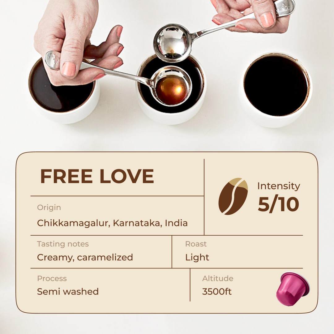 Free Love Espresso Pods - Intensity 5 | Nespresso Compatible | Medium Roast | Premium AA+ Grade Beans | Aluminum Capsules