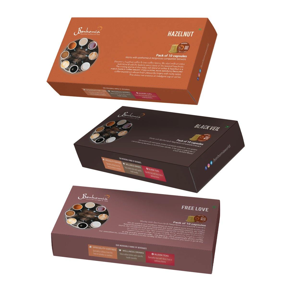 Assorted Coffee Combo - Free Love, Black Veil & Hazelnut | Nespresso Compatible Pods | 30 Coffee Capsules - Bonhomiaworld