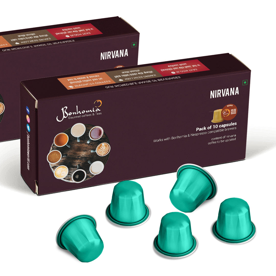 Nirvana Espresso Pods - Intensity 7/10 | Nespresso Compatible | Medium Dark Roast | 100% Specialty AA+ Beans | Aluminum Capsules