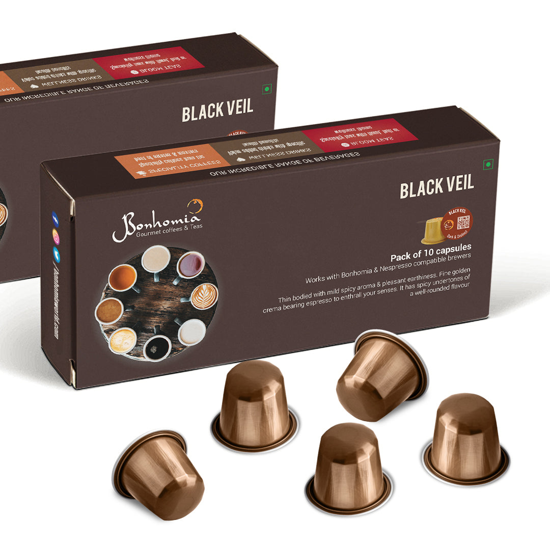Black Veil Espresso Pods - Intensity 7/10 | Nespresso Compatible | Dark French Roast | Premium AAA Grade Beans | Aluminum Capsules