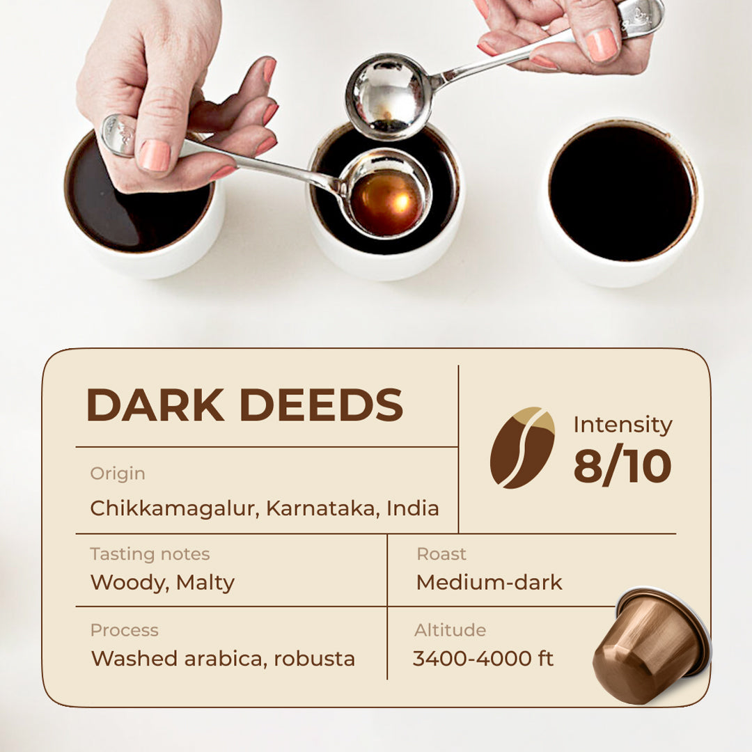 Dark Deeds Espresso Pods | Medium Dark Roast | Aluminum Capsules | Nespresso Compatible | Intensity 8/10 | Premium AAA Grade Beans