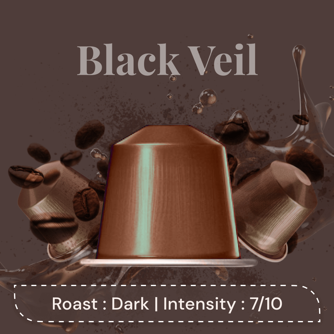 Black Veil - Dark & Distinct Coffee | Intensity 7/10 | New Aluminium Capsules | Nespresso Compatible Coffee Pods