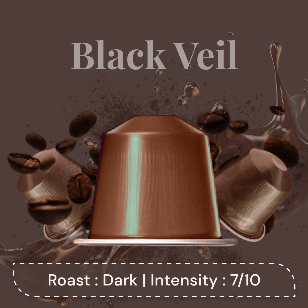 Black Veil Espresso Pods - Intensity 7/10 | Nespresso Compatible | Dark French Roast | Premium AAA Grade Beans | Aluminum Capsules