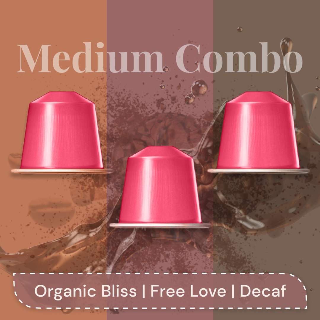 Medium Roast Coffee Combo - Free Love, Decaf & Organic Bliss (30-Count) | Nespresso Compatible Aluminum Capsules | Premium AAA Grade Beans
