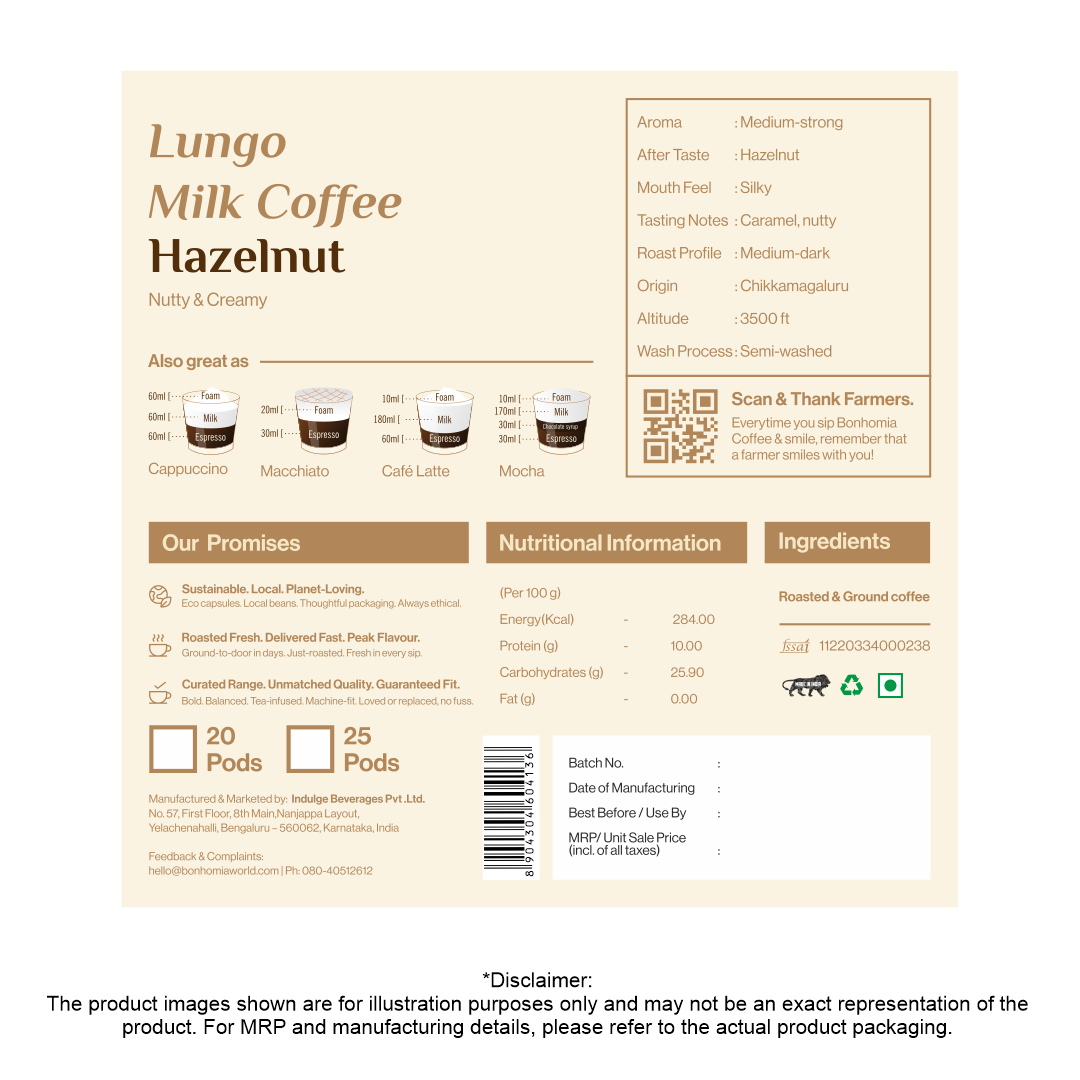 Bonhomia Hazelnut Coffee Pods | Nespresso Compatible Aluminum Capsules| AAA Grade Beans