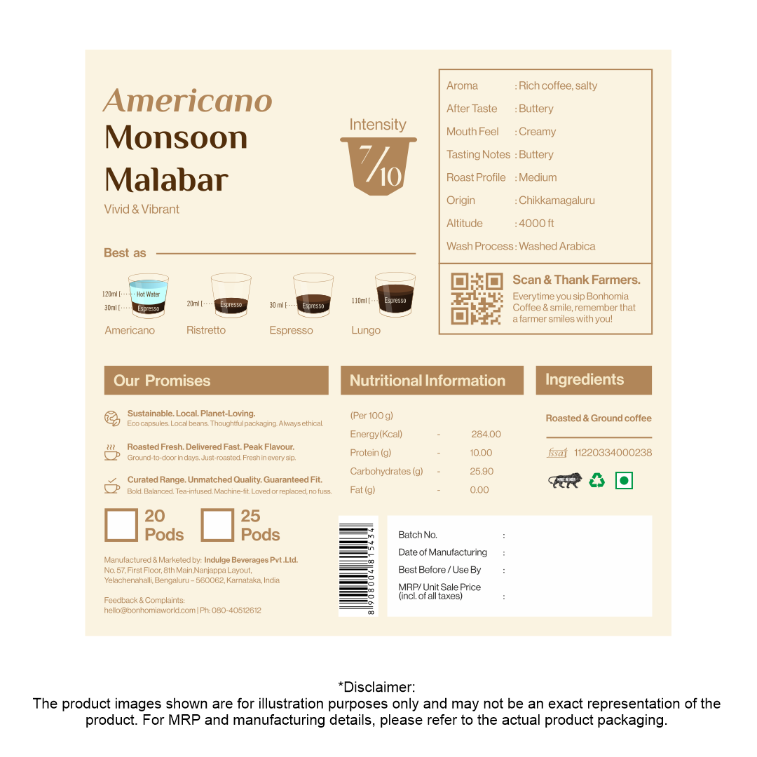 Monsoon Malabar Espresso Pods - Intensity 6/10 | Nespresso Compatible | Light/Cinnamon Roast | AA+ Grade Beans | Premium Aluminum Capsules