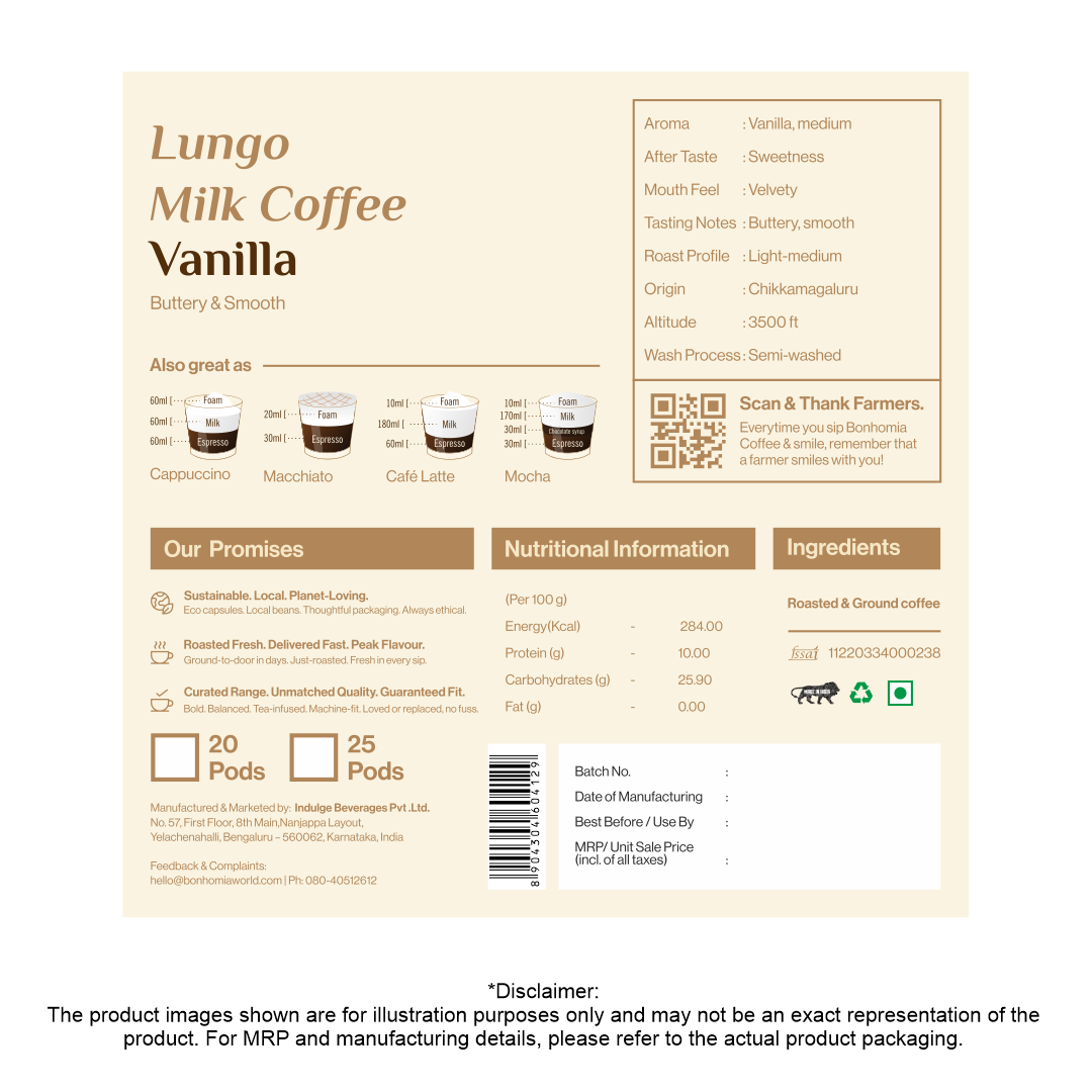 Bonhomia Vanilla Coffee Pods | Nespresso Compatible Aluminum Capsules | AAA Grade Beans