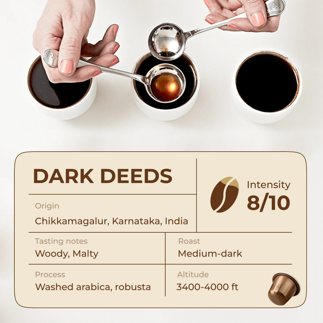 Dark Deeds Espresso Pods | Medium Dark Roast | Aluminum Capsules | Nespresso Compatible | Intensity 8/10 | Premium AAA Grade Beans